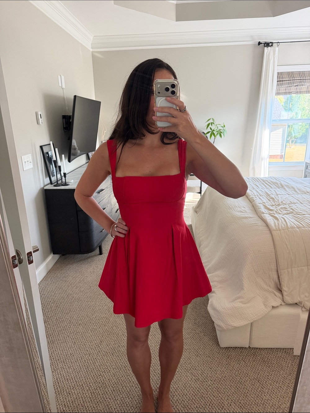 Square-Neck Red Mini Dress with Flared Skirt